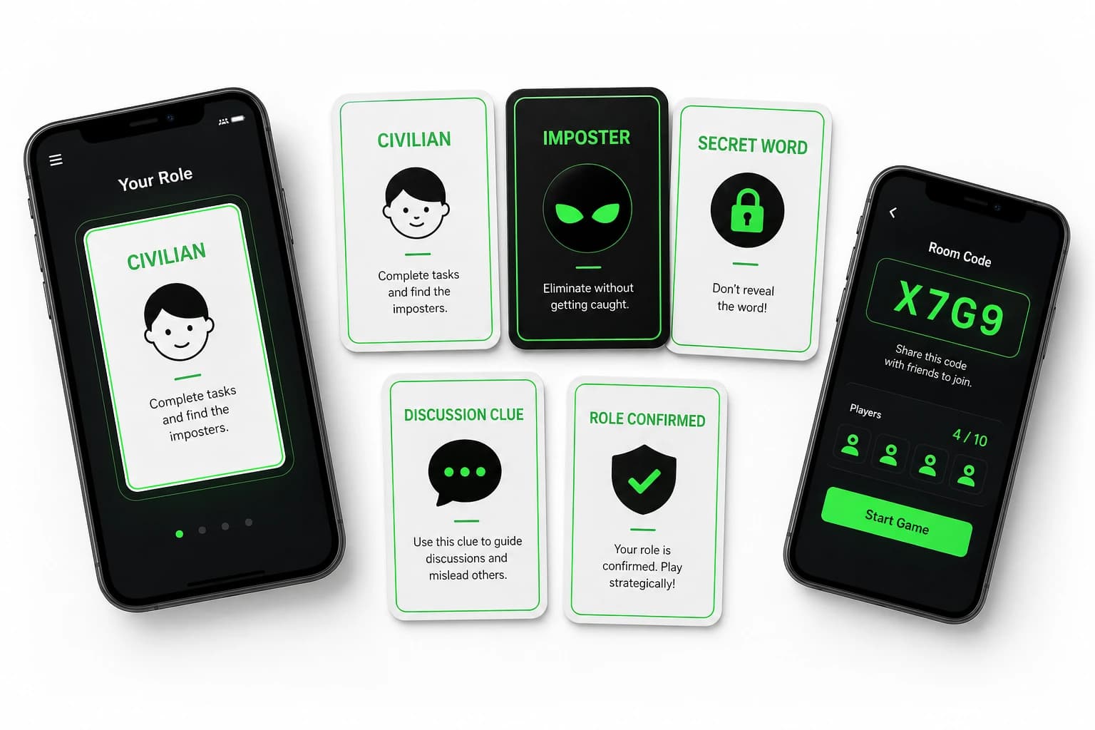 Secret word, civilian role, imposter role, and discussion cards