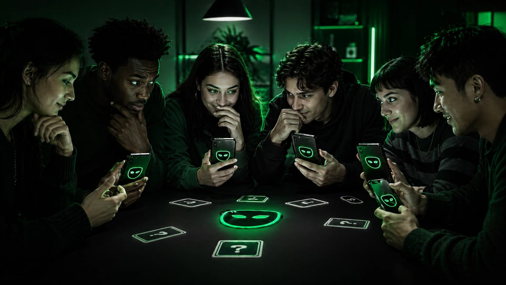 Friends playing an imposter party game on their phones